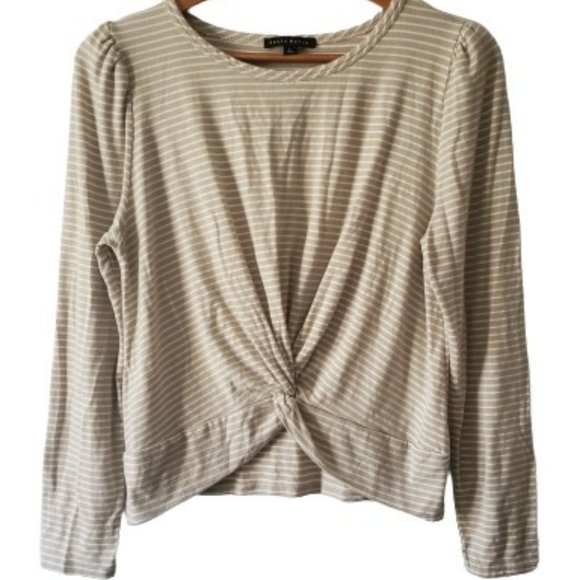 Haute Monde Women's White Striped Twisted Front Hem Long Sleeve Shirt Tan Large - Picture 1 of 10